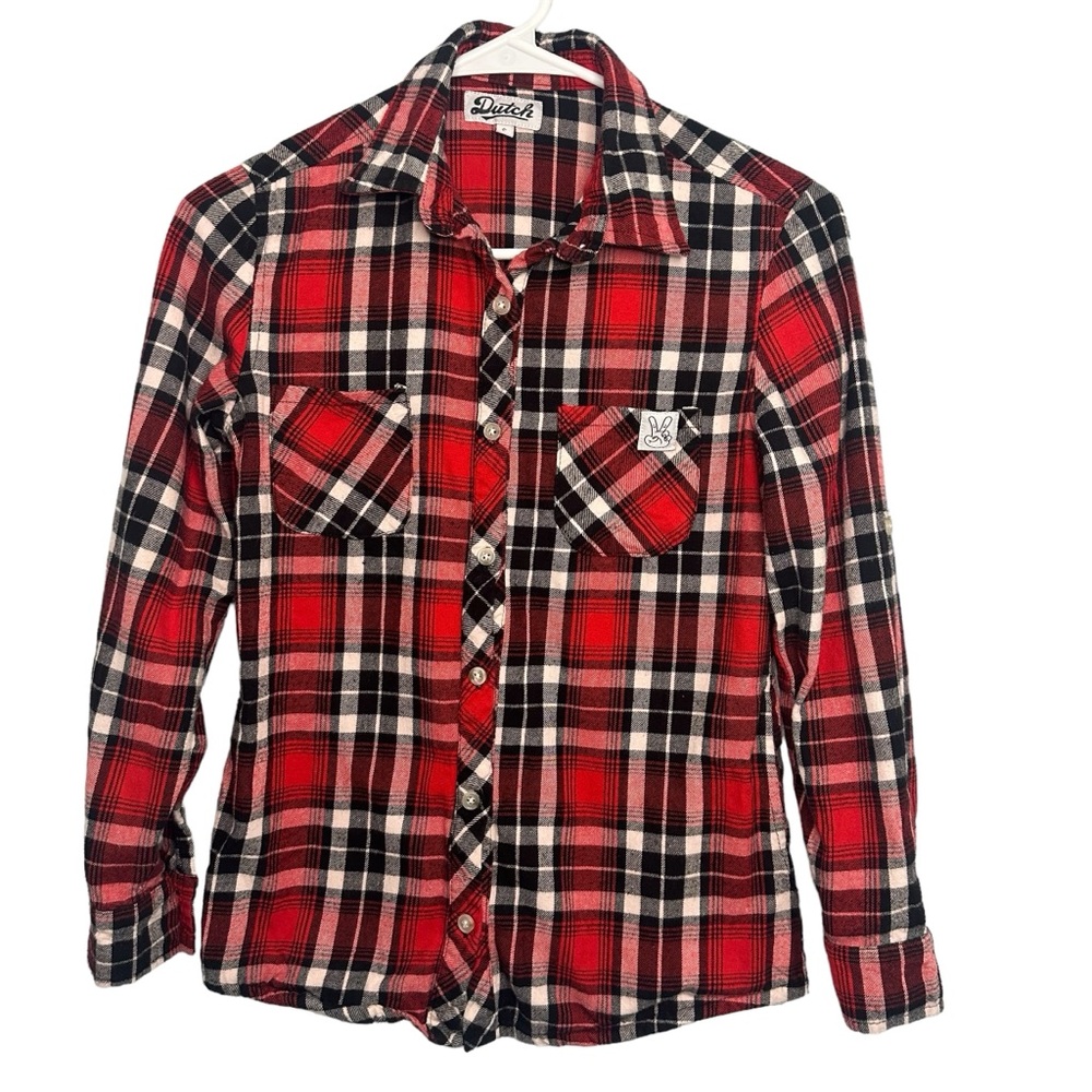 Dutch Bros Women’s Red Plaid Flannel Button Down SMALL DB 1992 So Cute!!